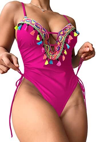 OYOANGLE Women’s Tassel One Piece Swimsuit Bathing Suit Plunge Neck Drawstring Side Ruched Swimwear