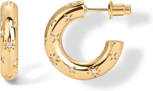 PAVOI 14K Gold Plated Star Shine Hoop Earrings for Women | Cubic Zirconia Celestial Chunky Hoops Earrings