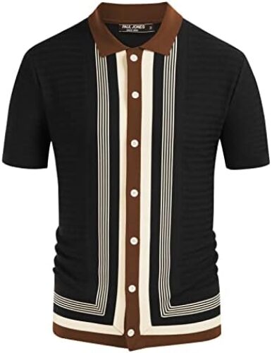 PJ PAUL JONES Men’s Vintage Stripe Knit Polo Shirts Short Sleeve Stylish Button Down Cardigan Sweater