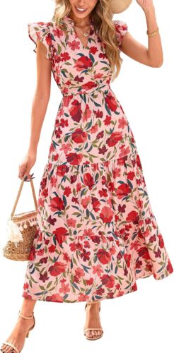 PRETTYGARDEN Women’s 2025 Summer Floral Midi Dress Cap Sleeve V Neck Ruffle Long Flowy Boho Casual Beach Vacation Dresses
