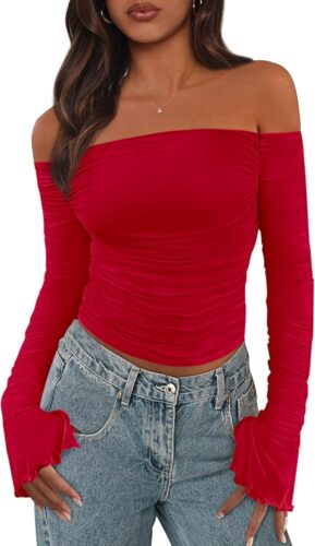 PRETTYGARDEN Womens Long Sleeve T Shirts Casual Off Shoulder Ruched Mesh Slim Fit Crop Tops Going Out Summer Blouses