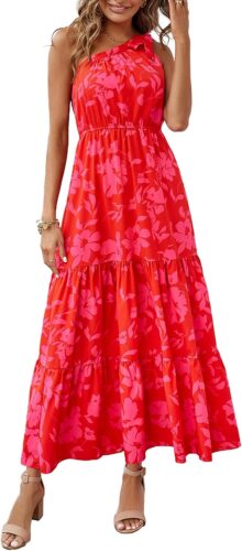 PRETTYGARDEN Women’s Summer Floral Maxi Dress Knot One Shoulder Sleeveless Ruffle Flowy Boho Beach Wedding Guest Dresses