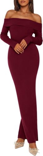 PRETTYGARDEN Women’s Winter Sweater Dress Long Sleeve Off Shoulder Slit Maxi Bodycon Cocktail Party Dresses