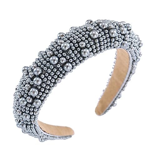 Pearl Headbands for Women Girls Jeweled Beaded Headband Thick Padded Fashion Bridal Headband Wedding Birthday Hair Accessories Gray