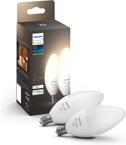 Philips Hue Smart 40W B39 Candle-Shaped LED Bulb – Soft Warm White Light – 2 Pack – 450LM – E12 – Indoor – Control with Hue App – Works with Alexa, Google Assistant and Apple Homekit