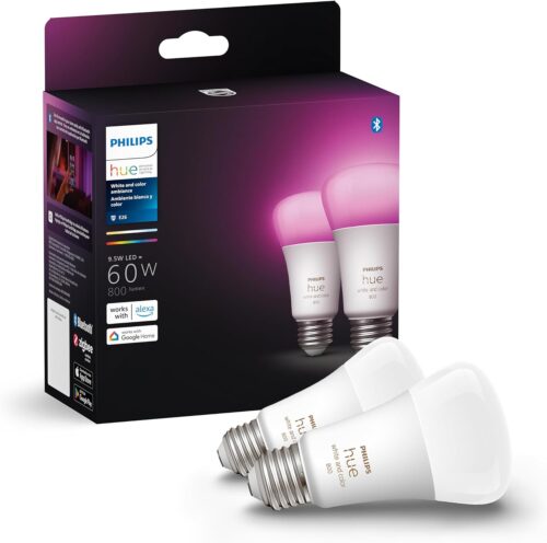 Philips Hue Smart 60W A19 LED Bulb – White and Color Ambiance Color-Changing Light – 2 Pack – 800LM – E26 – Indoor – Control with Hue App – Works with Alexa, Google Assistant and Apple Homekit