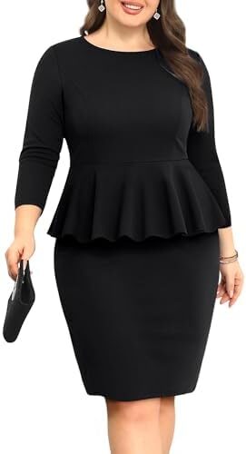 Pinup Fashion Womens Plus Size Peplum Dress 3/4 Sleeve Formal Work Business Knee Length Bodycon Pencil Dresses
