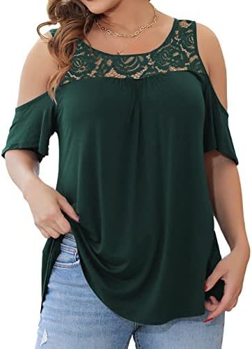 Plusashion Women’s Plus Size Tops Dressy Casual Tunics Blouses Lace Summer Cold Shoulder Shirts Short Sleeve