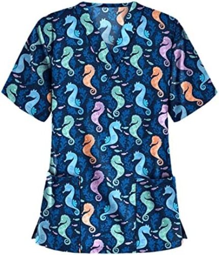 Print Scrubs for Women 2024 Summer Plus Size Scrub Tops V-Neck Fun T Shirts Workwear Workers Uniform Tee with Pockets