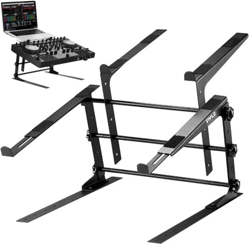 Pyle Portable Dual Laptop Stand – Standing Table with Adjustable Height, Ergonomic Design & Anti-Slip Prongs for DJ Mixer, Sound Equipment, Workstation, Gaming & Home Use – PLPTS38, Black
