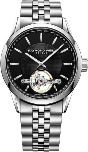 RAYMOND WEIL Freelancer Men’s Automatic Watch, Calibre RW1212, Black Dial with Silver Indexes, Visible Balance Wheel, Stainless Steel Bracelet, 42.5 mm (Model: 2780-ST-20001)
