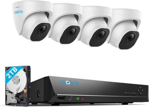 REOLINK 4K Security Camera System, 4pcs H.265 PoE Wired Turret Cameras with Person Vehicle Detection, 4K/8MP 8CH NVR with 2TB HDD for 24-7 Recording, RLK8-800D4