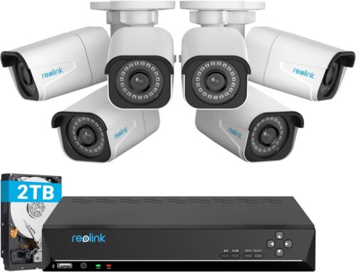 REOLINK 8CH 4K Security Camera System, 6pcs H.265 Bullet Wired PoE Cameras for Home Security Outdoors, Smart Person Vehicle Detection, 8CH NVR Recorder with 2TB HDD for 24-7 Recording, RLK8-800B6
