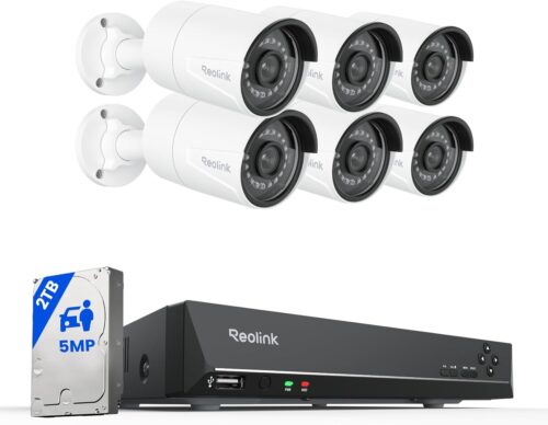 REOLINK 8CH 5MP Home Security Camera System, 6pcs Wired Outdoor PoE IP Cameras with Person/Vehicle/Pet Detection, 4K/8MP 8CH NVR with 2TB HDD for 24-7 Recording, RLK8-410B6-5MP