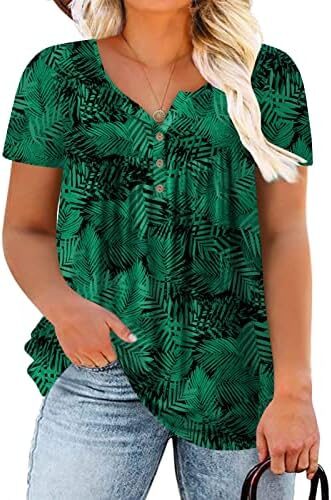 ROSRISS Womens-Plus-Size-Tops-Summer Buttons Up Henley Shirts V Neck Blouses Flowy Pleated Tunics Tee