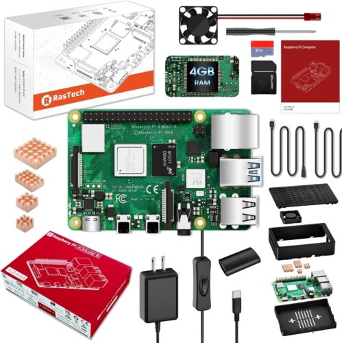 RasTech Raspberry Pi 4 4GB Starter Kit with Pi 4 4GB Board, 32GB Card 4 Copper Heatsink 2 HD Out Cable 5V 3A Power Supply with ON/Off Case Cooling Fan Card Reader Screwdriver
