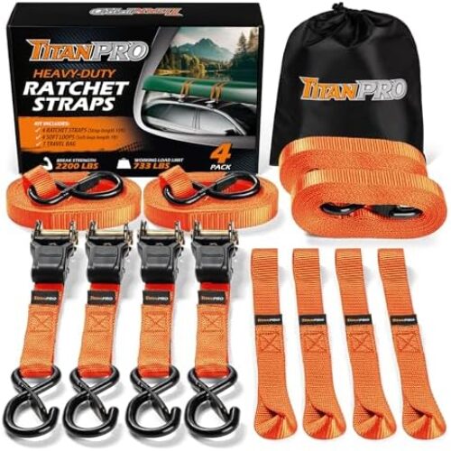 Ratchet Tie Down Straps 4-Pack – 2,200lb Test Strength, Premium 1″ x 15′ Rachet Tie Downs with Padded Handles | Heavy Duty Truck Accessories Moving Straps (Orange)