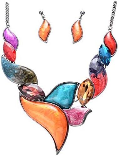 Retro Women’s Crystal Floral Petal Leaf Chunky Statement Necklace and Earrings Set Party Jewelry