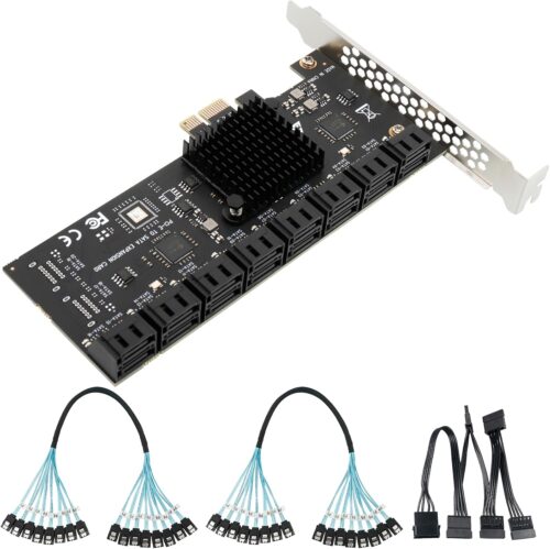 SATA Expansion Card PCIe X1 to 16-Port SATA 3.0 SSD 6Gbps Controller Adapter Card with 2X 8-Port to 8-Port SATA Bundle Cables for Win10/8/7/XP/Vista/Linux (16 Port SATA)