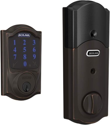 SCHLAGE BE469ZP CAM 716 SCHLAGE Connect Smart Deadbolt With Alarm Inbuilt Camelot Trim In Aged Bronze.
