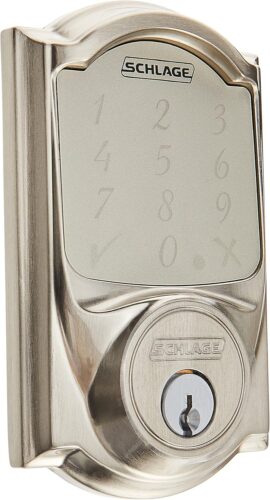 SCHLAGE BE479AA V CAM 619 Satin Nickel Sense Smart Deadbolt with Camelot Trim