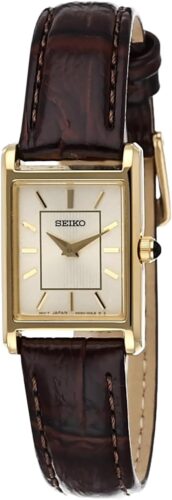 SEIKO Essentials Watch for Women – Essentials – Water Resistant with Stainless Steel Rectangular Case and Leather Strap