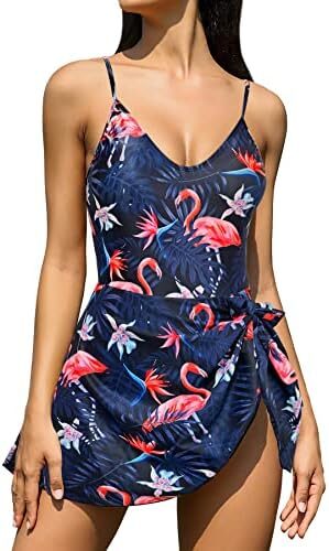 SHEKINI Women’s Tummy Control One Piece Swimdress Drawstring Bathing Suits V Neck Swimwear