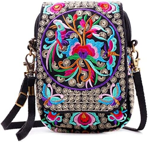SILKAREA Embroidered Cute Mini Crossbody Bag for Women Small Handbags Wristlet Wallet Bag Cell-phone Pouch Coin Purse