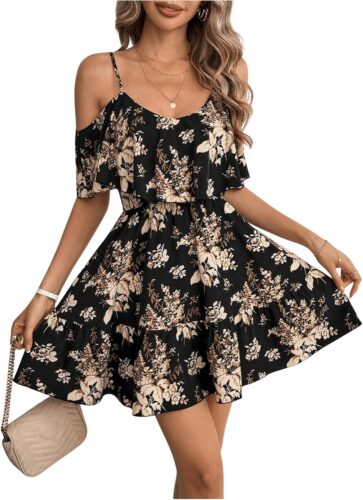 SOLY HUX Women’s Boho Floral Print Cold Shoulder Dress Short Sleeve Ruffle A Line Vacation Elegant Mini Dresses
