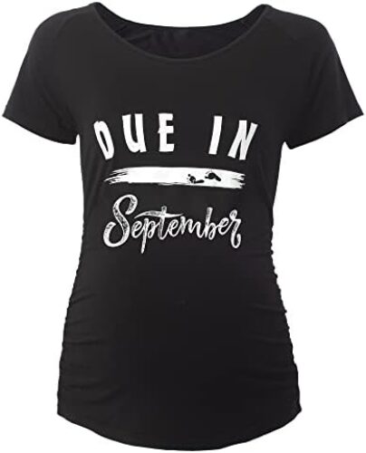 SUNNYBUY Maternity Shirts Funny Due in Maternity Clothes Ruched Side Maternity Tee Graphic Pregnancy Tops