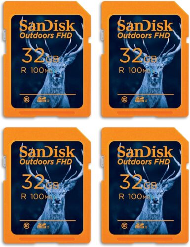 SanDisk 32GB 4-Pack Outdoors FHD SDHC UHS-I Memory Card (4x32GB) – Up to 100MB/s, C10, Trail Camera SD Card – SDSDUNR-032G-GN6V4