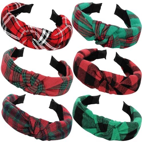 Sawowkuya 6 Pcs Christmas Knotted Plaid Headbands Fashion Vintage Turban Hair Band Retro Wide Check Headband for Women Girls Christmas Hair Accessories