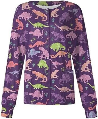 Scrub Tops Womens Cartoon Dinosaur Print Long Sleeve Button Stretch Nurse Uniforms Plus Size Medical Workwear Tshirt