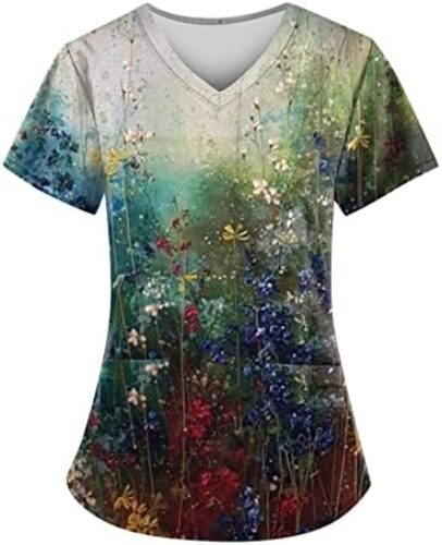 Scrubs 2024 Women’s Scrub Tops with Designs Stretchy Plus Size Nursing Uniforms Scrubs Shirts with Pockets