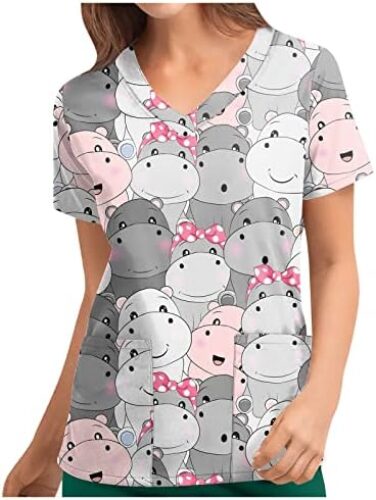 Scrubs for Wome Print Nursing Uniforms Breathable Short Sleeve V-Neck Plus Size Shirts Tee Tops with Pockets