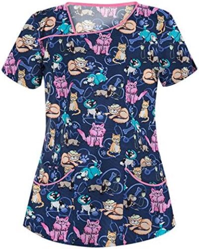 Scrubs for Women Set Short Sleeve V Neck Cartoon Pattern Nursing Uniforms Workwear Scrub Tops Shirts with Pockets