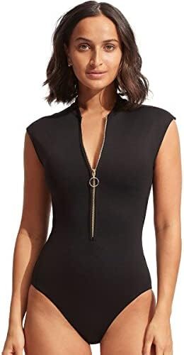 Seafolly Women’s Standard Cap Sleeve Zip Front One Piece Swimsuit