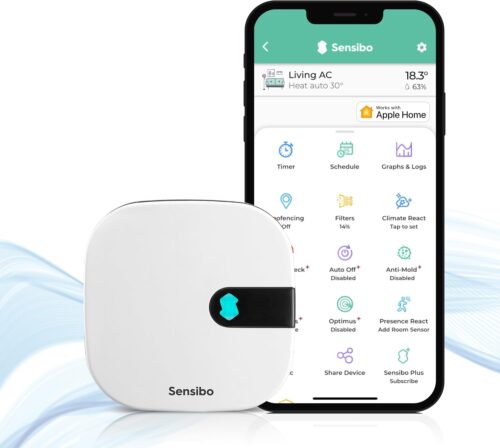 Sensibo Air – Smart Air Conditioner Controller. Apple HomeKit Certified. 60-Seconds Installation. Maintains Comfort and Energy Saving Features. Compatible with Google, Alexa, Apple HomeKit & Siri