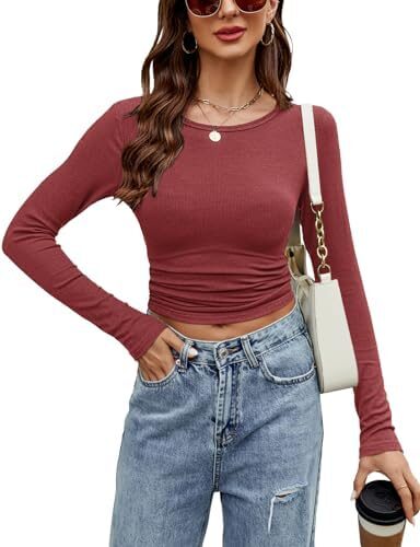 SimpleFun Women’s Long Sleeve Crop Top Ribbed Knit Slim Fitted Shirts Crewneck Casual Y2K Basic Tees