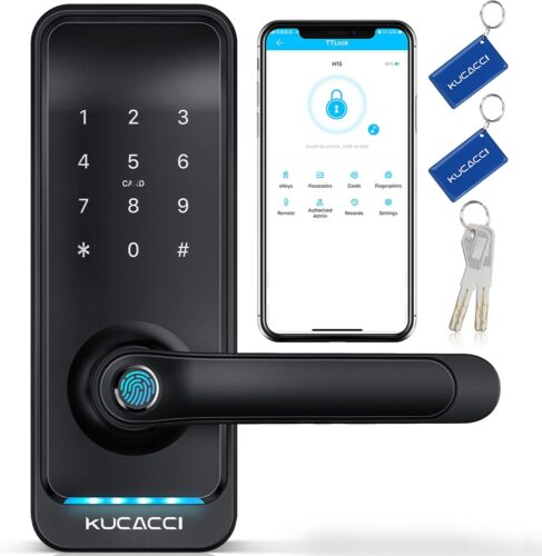 Smart Door Lock with Handle: Kucacci Keyless Entry Digital Door Lock for Front Door – Fingerprint Keypad Smart Dnob – Generate Passcode Remotely – App Control – Easy Installation(Black)