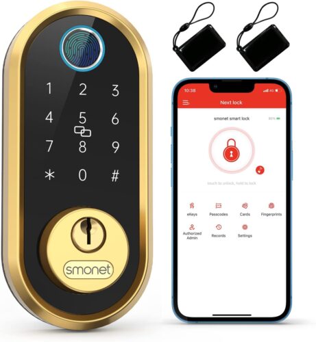 Smart Lock SMONET Bluetooth Keyless Entry Keypad Smart Deadbolt-Fingerprint Electronic Deadbolt Lock, Remote Ekeys Sharing, Easy to Install for Homes and Hotel Works with Alexa(Gateway Not Included)