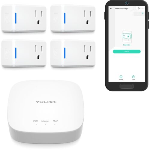 Smart Plugs, YoLink 1/4 Mile World’s Longest Range Smart Plug Compatible with Alexa, IFTTT 10A Smart Home Plug Mini Outlet, Remote Control Home Appliances from Anywhere, 4 Packs, YoLink Hub Included