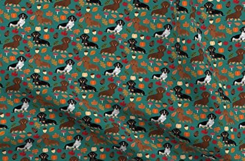 Spoonflower Fabric – Dachshund Dogs Autumn Pumpkin Leaves Fall Seasonal Dachshunds Pet Printed on Denim Fabric Fat Quarter – Bottomweight Apparel Home Decor Upholstery