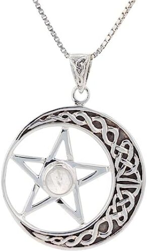 Sterling Silver Celtic Moon and Star Pentacle Pendant with Moonstone on Chain Necklace