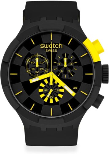 Swatch Big Bold Chrono Unisex Watch Casual Plastic Black Automatic Waterproof Checkpoint Yellow