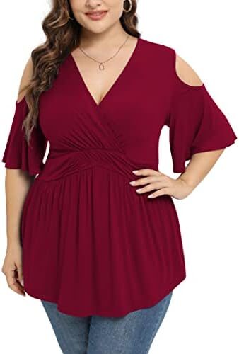 TIANZHU Plus Size Tops for Women Sexy Empire Waist Dressy Short Sleeve Shirts with Cold Shoulder Detail