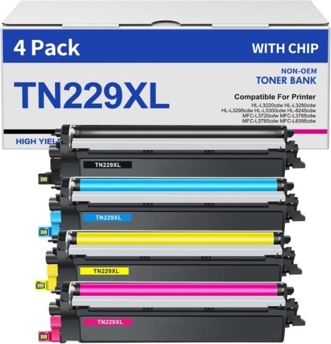 TN229XL TN229 Toner Cartridges 4 Pack MFC-L3780CDW MFC-L3720CDW Compatible for Brother TN229 TN229XL HL-L3280CDW HL-L3220CDW HL-L3300CDW HL-L3295CDW Printer TN 229XL TN-229XLBK/C/M/Y High Yield