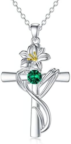 TOUPOP Cross Birth Flower Necklace 925 Sterling Silver Religious Cross Pendant Necklace with 5A CZ Birthstone Faith Christian Jewelry Birthday Gifts for Women Girls Mom Wife Grandma