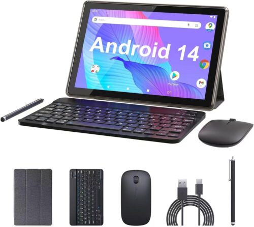 Tablet 10 Inch Android 14 Tableta, 2 in 1 Tablets with Keyboard Mouse Case Stylus, 8GB RAM+64GB ROM(1TB expansion), 2MP+8MP Dual Camera, 6000mAh Battery, Bluetooth WIFI6 1280 * 800 10.1″ FHD Tab