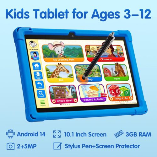 Tablet for Kids 10 inch with Case & Stylus Pen, Tablet for kids 3-12, 3GB+32GB ROM Android 14 Kids Learning Tablet, KIDOZ Pre-Installed Toddlers Tablet, 5000mAh Childrens Tablets with GMS, WiFi